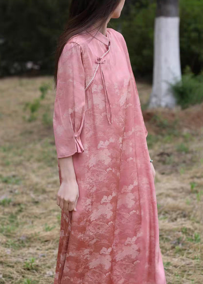 Robe longue en soie et coton à col montant rose avec boutons chinois et manches bracelet AU1051