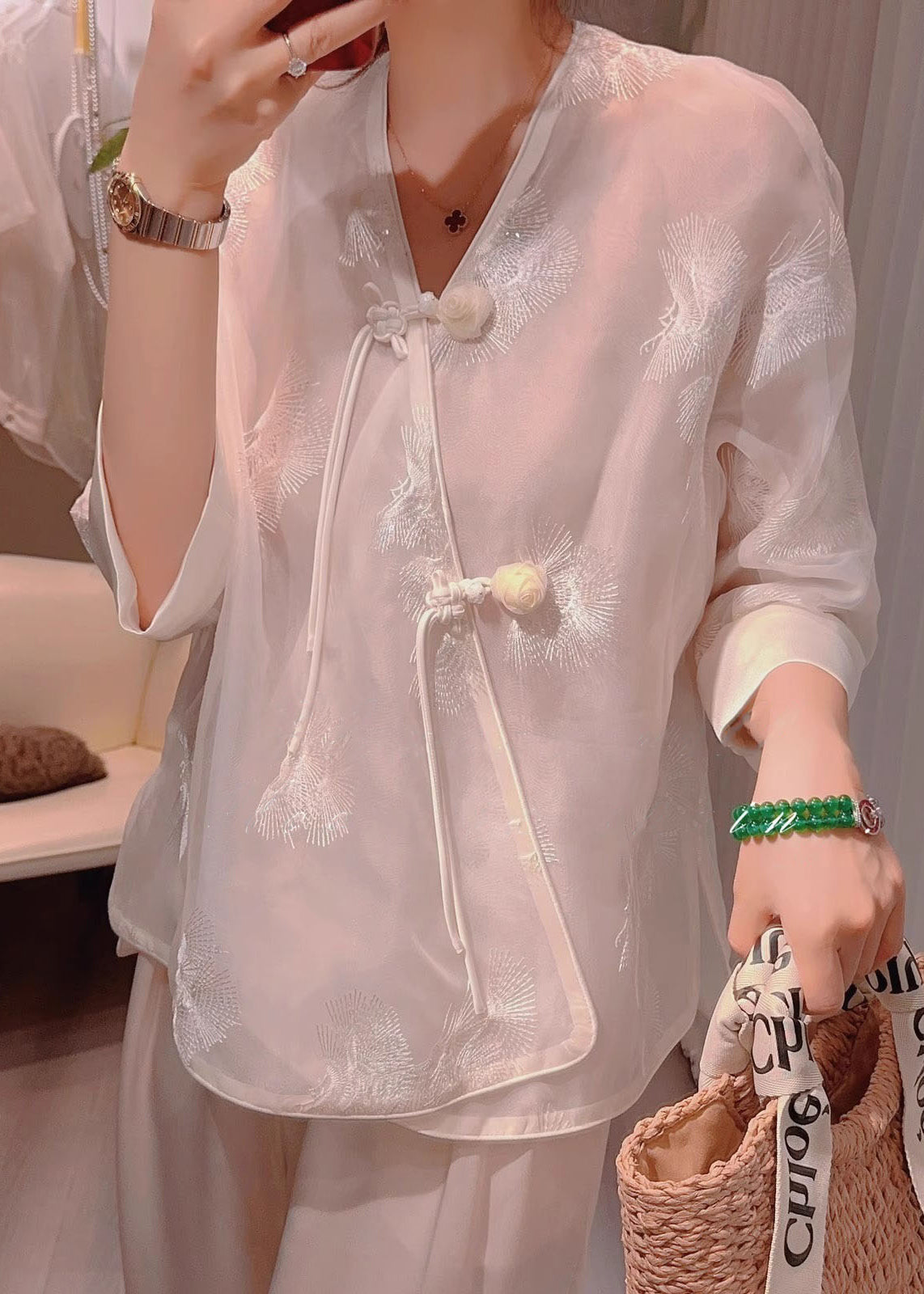 New Pink V Neck Embroidered Chinese Button Silk Blouses Half Sleeve Ada Fashion