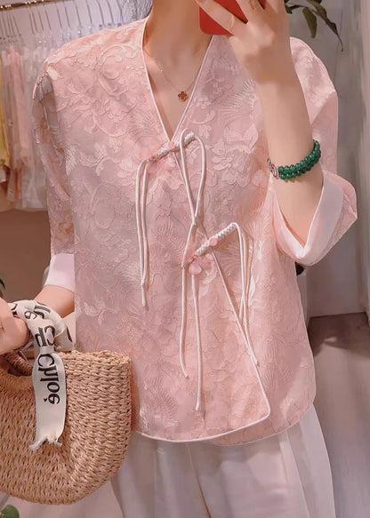 New Pink V Neck Embroidered Chinese Button Silk Blouses Half Sleeve Ada Fashion