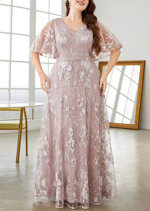 Flare Taille Rosa V Party Ärmel Hohes Kleid Spitze Neu Hals