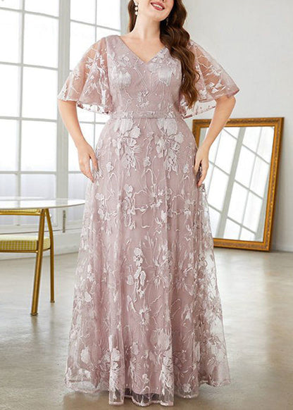 Flare Taille Rosa V Party Ärmel Hohes Kleid Spitze Neu Hals