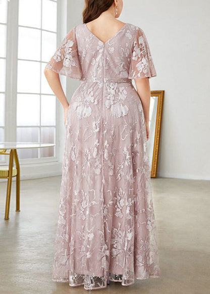 Flare Taille Rosa V Party Ärmel Hohes Kleid Spitze Neu Hals