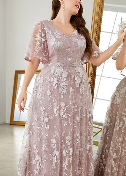Flare Taille Rosa V Party Ärmel Hohes Kleid Spitze Neu Hals