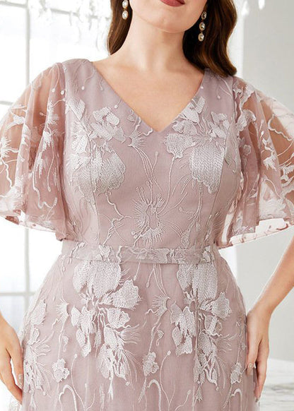 Flare Taille Rosa V Party Ärmel Hohes Kleid Spitze Neu Hals