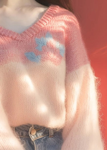 Pulls en tricot patchwork rose à col en V pour l'hiver WX020