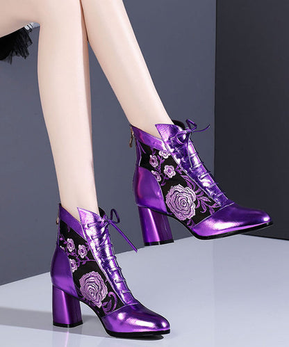 Nouvelles bottes épaisses en cuir de vachette violet respirant avec épissure en maille RT1075