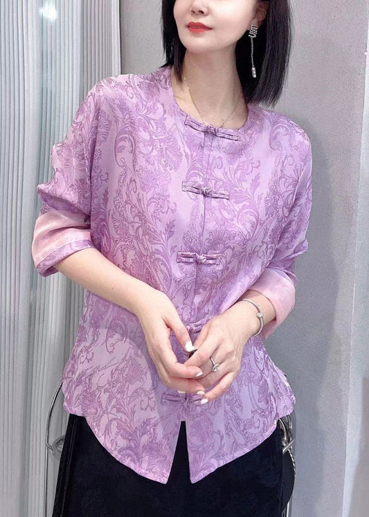 New Purple Button Print Silk Cotton Shirts Long Sleeve Ada Fashion