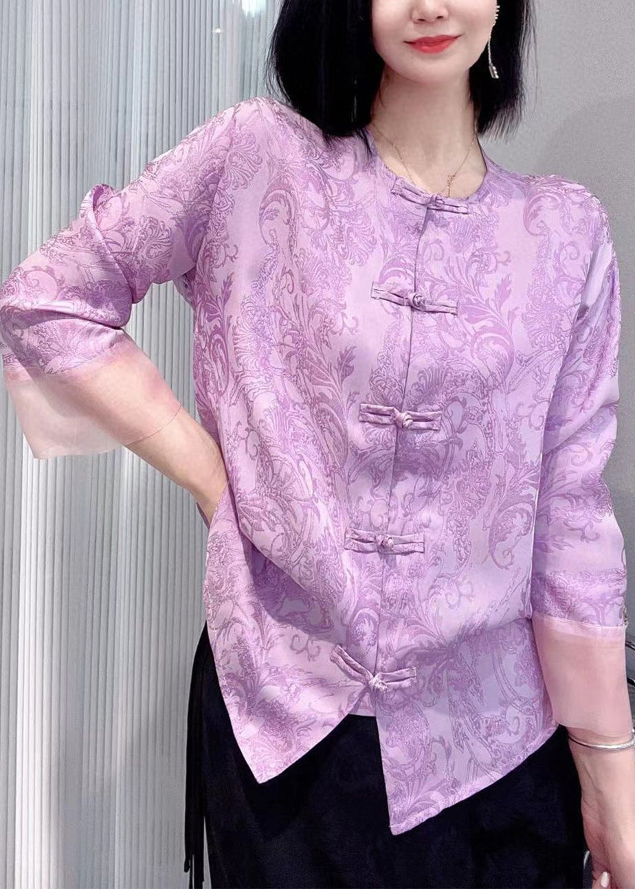 New Purple Button Print Silk Cotton Shirts Long Sleeve Ada Fashion