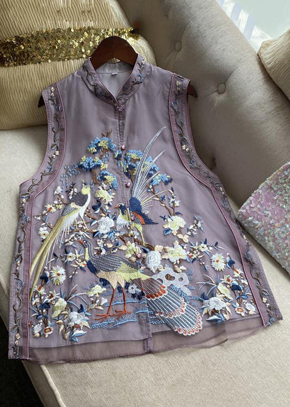 Nouveau gilet en tulle brodé violet sans manches QE015