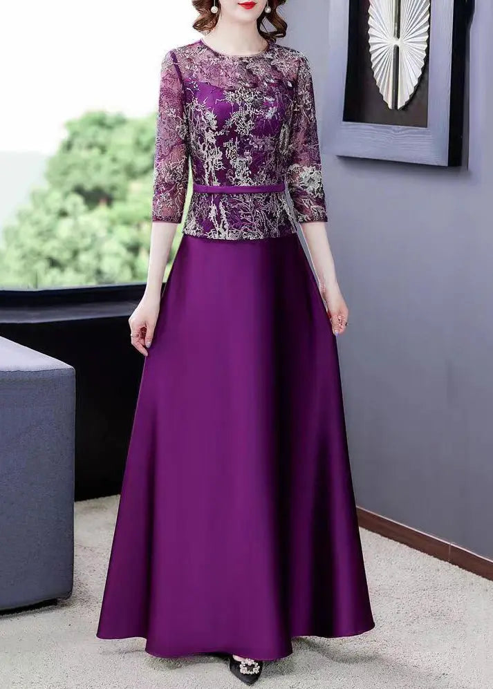 New Purple Embroidered Tulle Patchwork Maxi Dresses Half Sleeve Ada Fashion