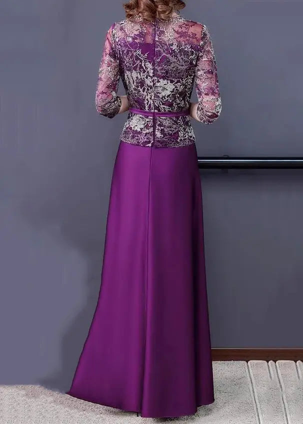 New Purple Embroidered Tulle Patchwork Maxi Dresses Half Sleeve Ada Fashion