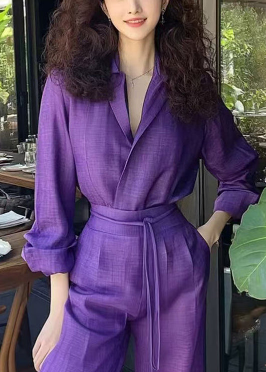 Ensemble chemise et pantalon violet en coton avec poches et dentelle neuve