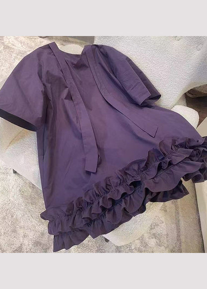 Hals Sommer Rüschen Baumwolle Kleider O Neue Mid Patchwork Lila