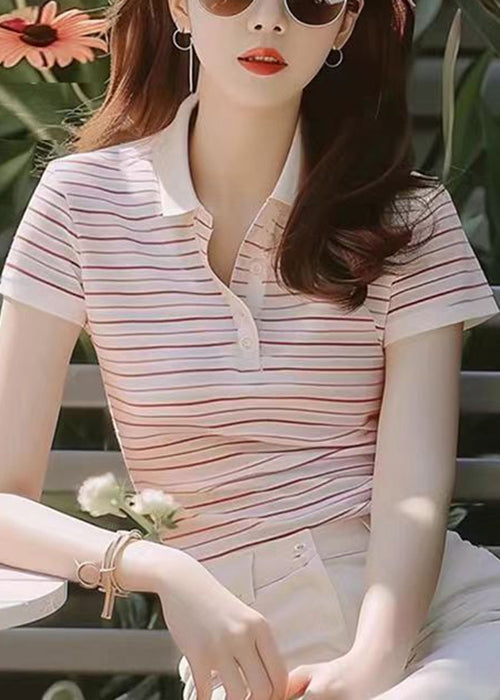 New Purple Peter Pan Collar Striped Cotton T Shirt Summer KJ005