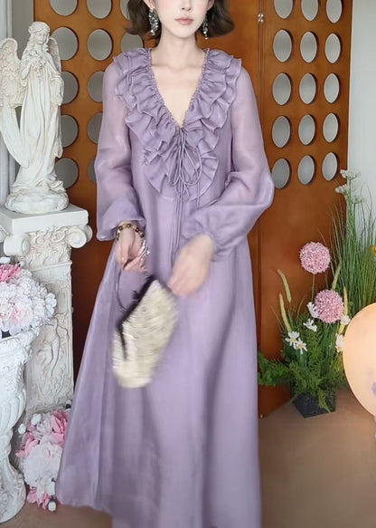 Fall Ruffled Up Dress Purple Long Neck Lace New V Silk