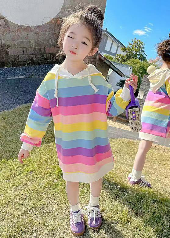 Neues Sweatshirtkleid mit Kapuze und Schnürung aus Baumwolle für Mädchen im Regenbogen-Design, Herbst, XZ074