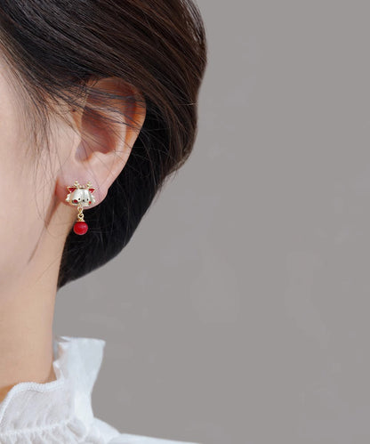 Boucles d'oreilles pendantes en alliage rouge avec perles de l'année du Loong WH051