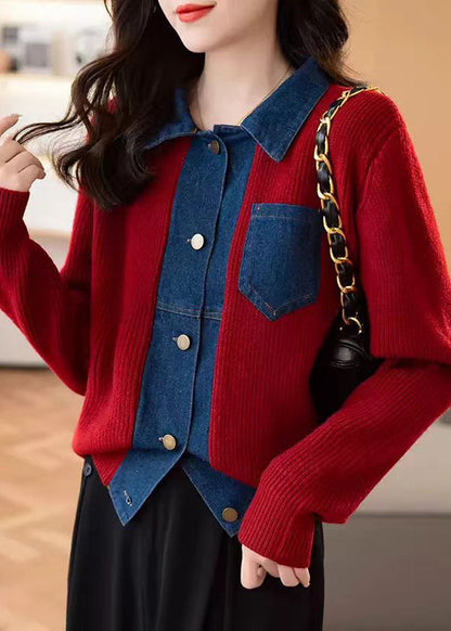 Nouveau manteau en tricot patchwork à poches boutonnées rouges, printemps TF024