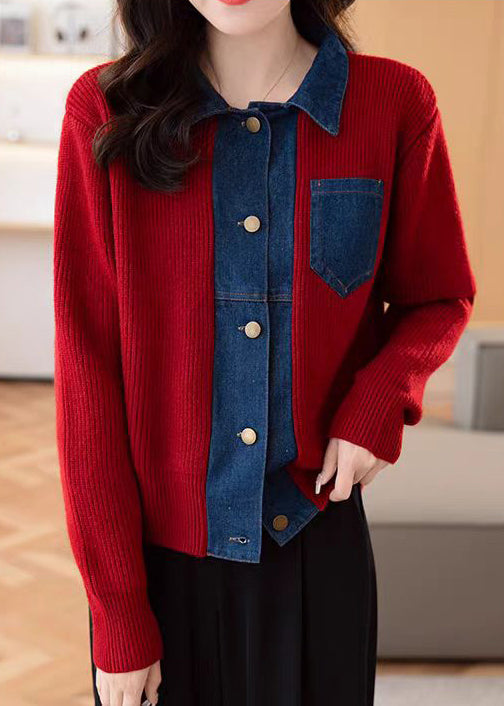 Nouveau manteau en tricot patchwork à poches boutonnées rouges, printemps TF024