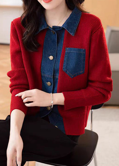 Nouveau manteau en tricot patchwork à poches boutonnées rouges, printemps TF024