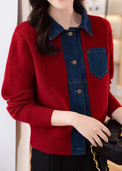 Nouveau manteau en tricot patchwork à poches boutonnées rouges, printemps TF024