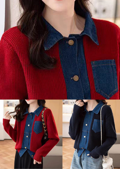 Nouveau manteau en tricot patchwork à poches boutonnées rouges, printemps TF024