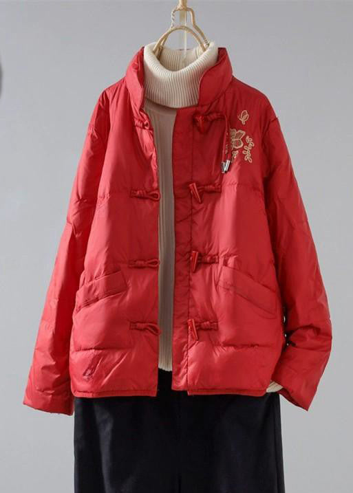 New Red Embroidered Pockets Cotton Filled Parka Winter QG026