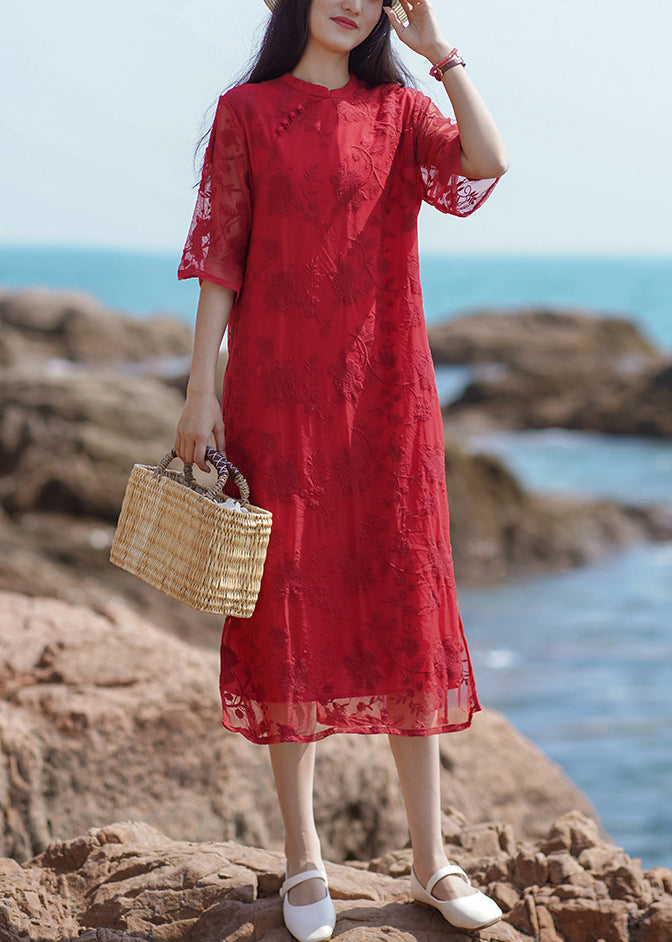 New Red Embroidered Side Open Dresses Half Sleeve QE025