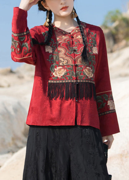 New Red Embroidered Tasseled Silk Coat Long Sleeve Ada Fashion