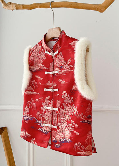 Nouveau gilet épais en patchwork à imprimé duveteux rouge sans manches QO062