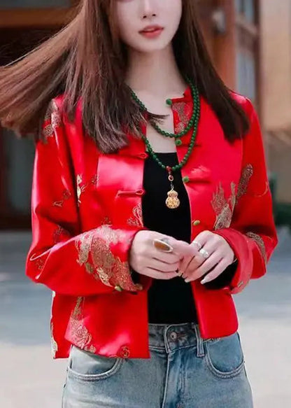 New Red O Neck Button Print Silk Coat Long Sleeve Ada Fashion