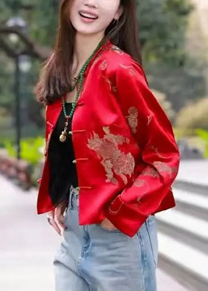 New Red O Neck Button Print Silk Coat Long Sleeve Ada Fashion