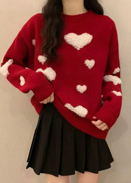 Pull en tricot épais jacquard rouge à col rond et cœur, nouvelle collection hiver RG043
