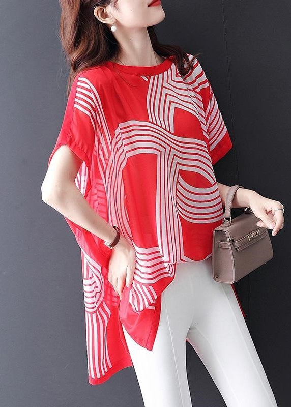 New Red O Neck Print Chiffon T Shirt Short Sleeve OP1089