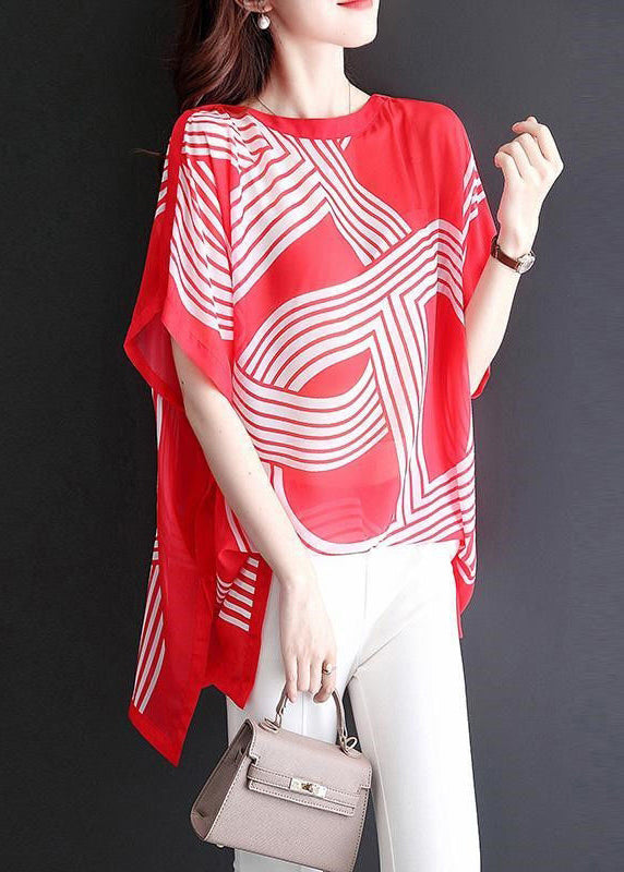 New Red O Neck Print Chiffon T Shirt Short Sleeve OP1089