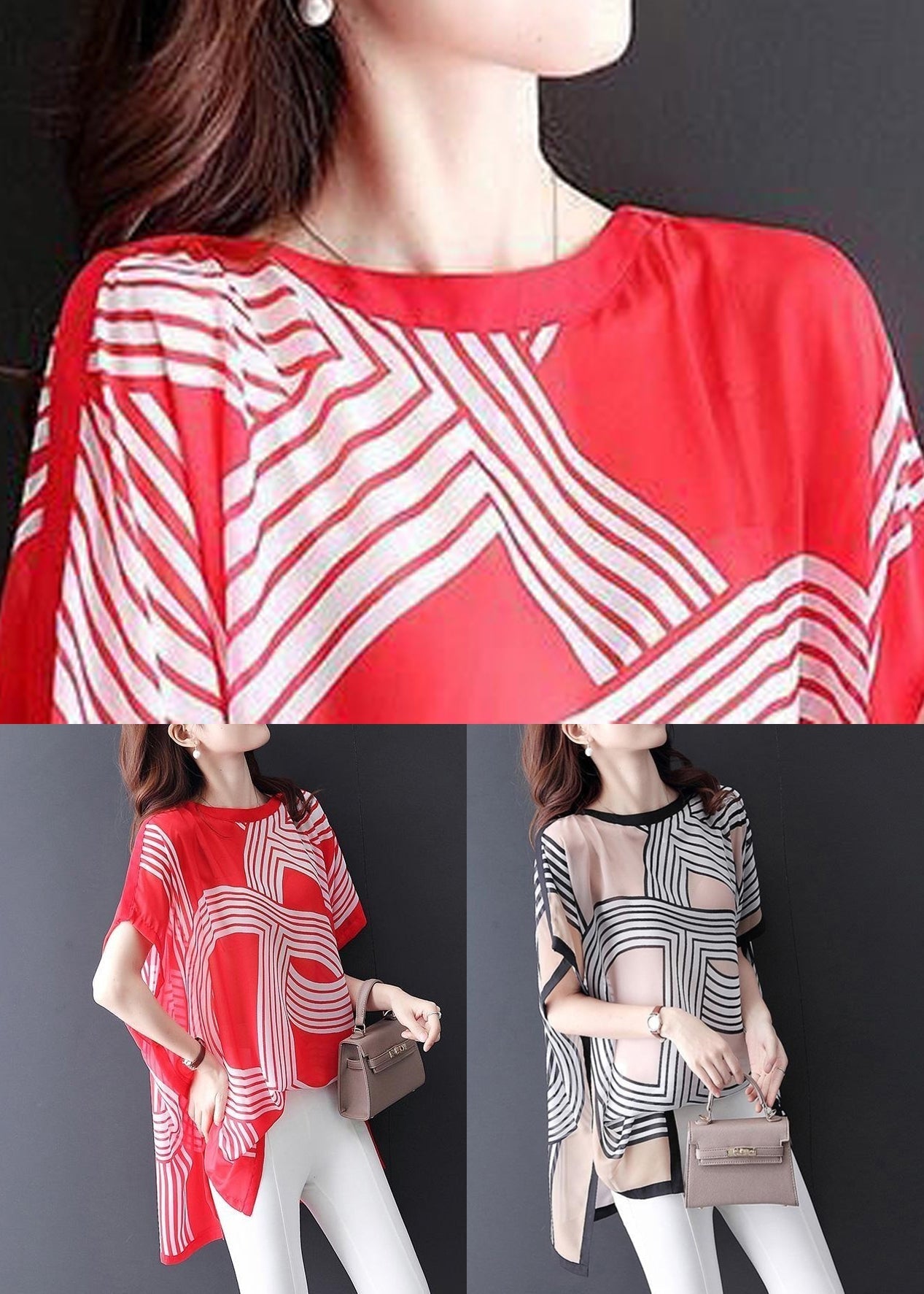 New Red O Neck Print Chiffon T Shirt Short Sleeve OP1089