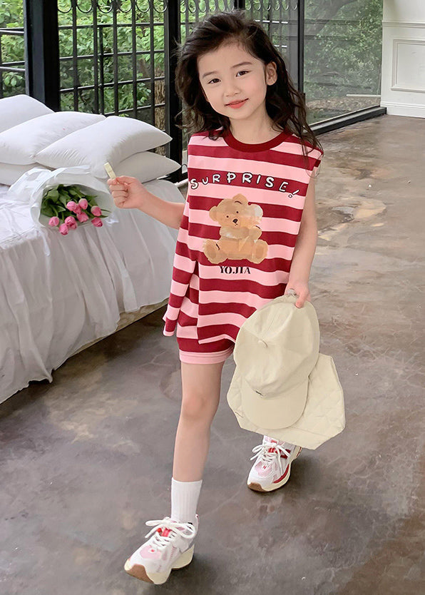 Neues rotes gestreiftes O-Ausschnitt-Top und Shorts für Kinder, zweiteiliges Set, Sommer SS1020