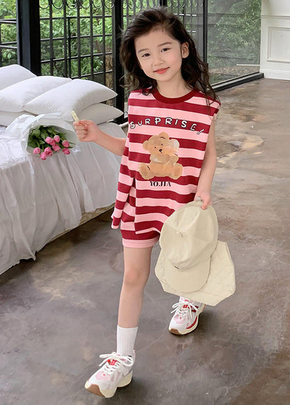 New Red O-Neck Striped Kids Top And Shorts Two Pieces Set Summer SS1020