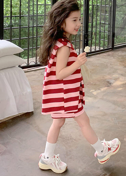 New Red O-Neck Striped Kids Top And Shorts Two Pieces Set Summer SS1020