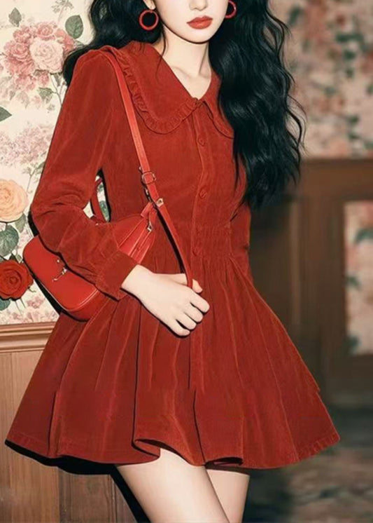 Frühling Cord Neue Rot Kragen Peter Pan Button Kleid Mid