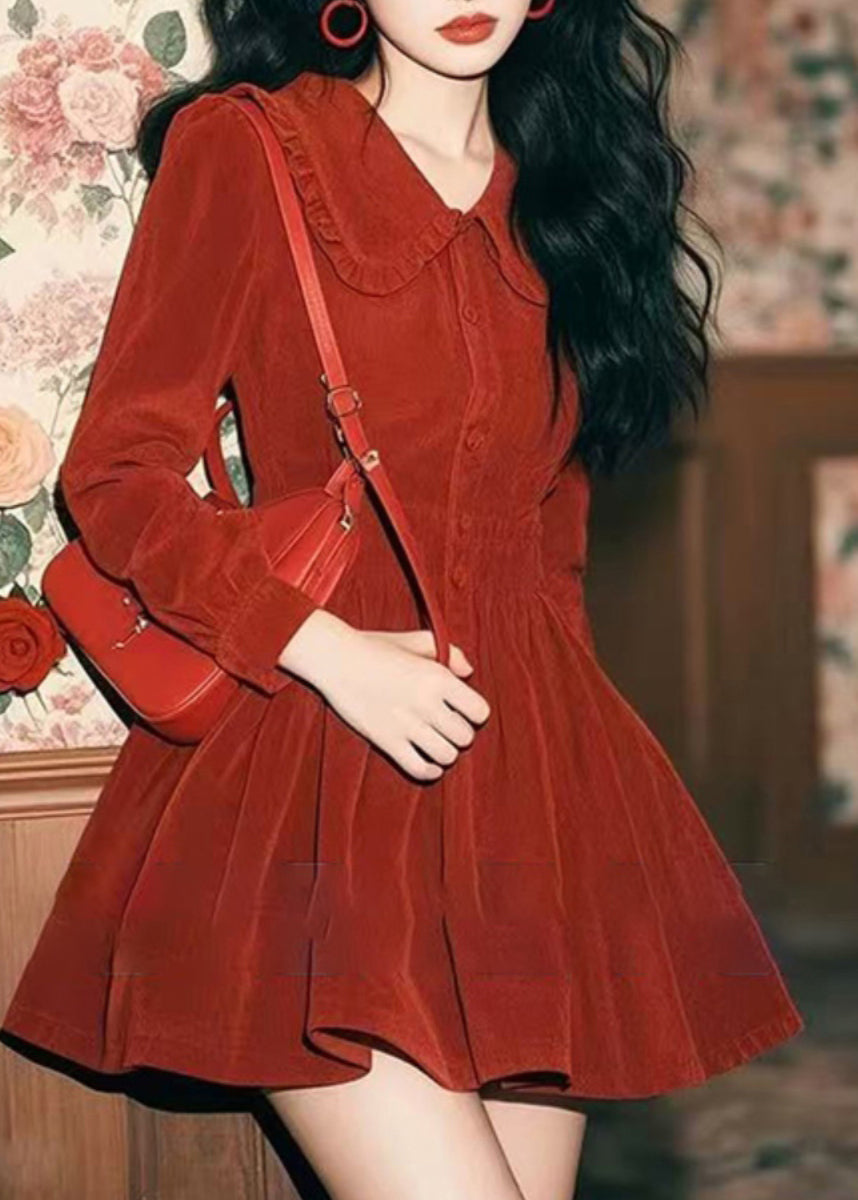Frühling Cord Neue Rot Kragen Peter Pan Button Kleid Mid