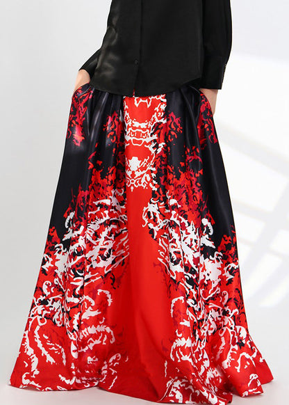 New Red Print Pockets High Waist Silk Skirts Spring Ada Fashion