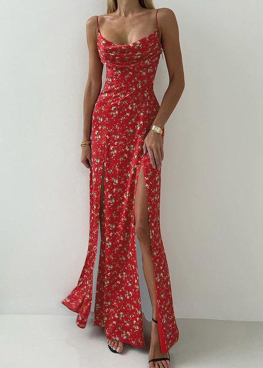 Ärmelloses, offenes Spaghetti-Kleid aus Baumwolle mit seitlichen Trägern und Print in Rot