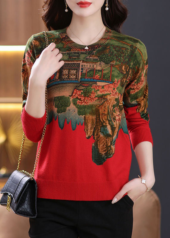 Nouveau haut en tricot patchwork rouge imprimé zircon printemps TB018