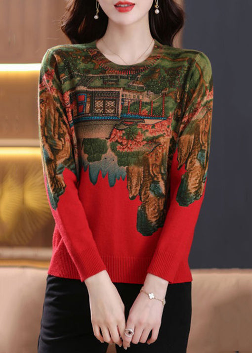 Nouveau haut en tricot patchwork rouge imprimé zircon printemps TB018