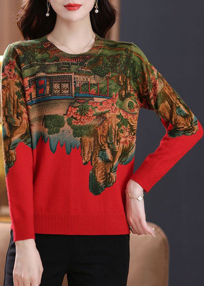 Nouveau haut en tricot patchwork rouge imprimé zircon printemps TB018