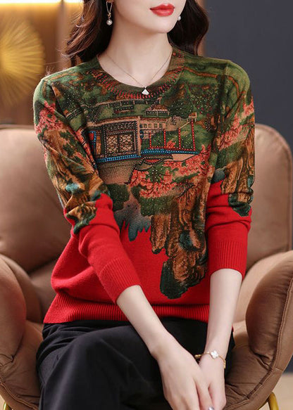 Nouveau haut en tricot patchwork rouge imprimé zircon printemps TB018