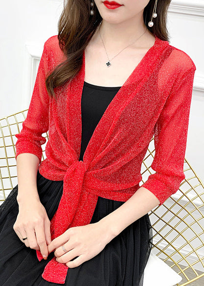 New Red Solid Lace Up Tulle Cardigan Half Sleeve Ada Fashion