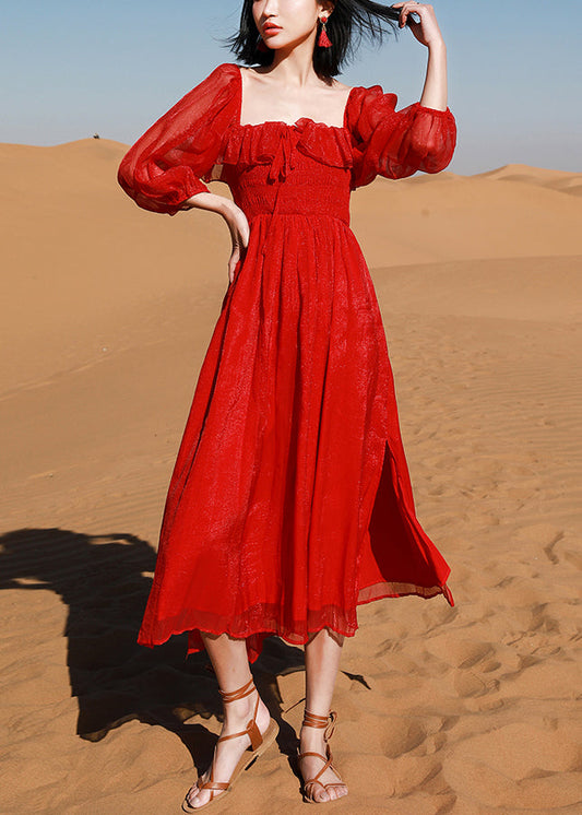 Strandkleid aus Puff-Baumwolle mit quadratischem rotem Kragen und offenen Seitenärmeln