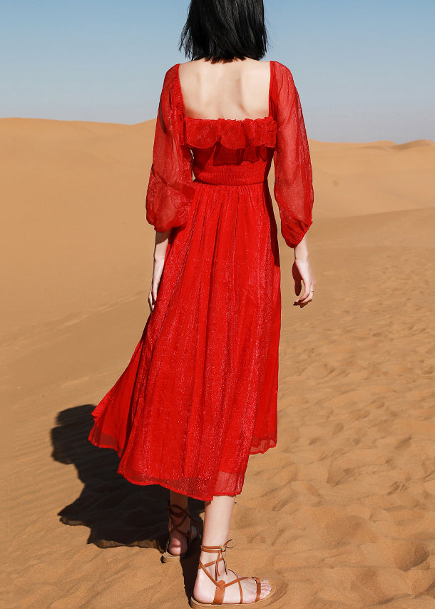 Strandkleid aus Puff-Baumwolle mit quadratischem rotem Kragen und offenen Seitenärmeln
